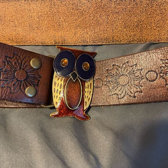 HOLLISTER VTG Tanned-Brown Leather OWL Buckle Belt Medium 40” - Picture 4 of 10